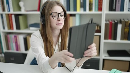 Canvas Print - Young blonde woman student having video call at university classroom