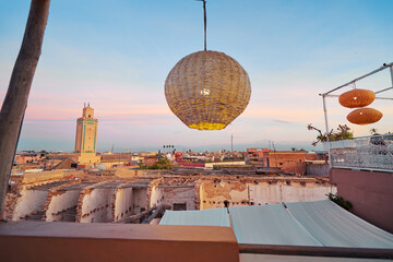 Wall Mural - View of Marrakesh Old Town from the roof top terrace. Marrakech Medina, Morocco, Africa.