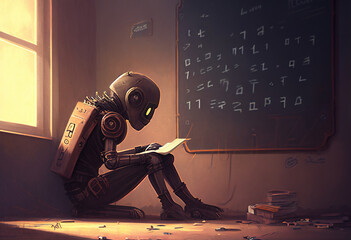 Wall Mural - humanoid robot student in front of a school classroom chalkboard while machine learning mathematics 