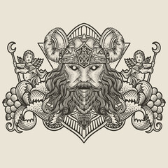 Illustration of viking head with vintage engraving ornament in back perfect for your business and Merchandise