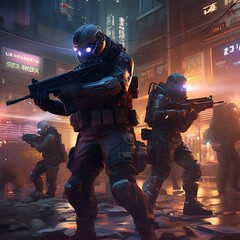 A digital art scene where cyberpunk themed soldiers are fighting an enemy faction that’s dressed in dark armor. Created using generative AI.