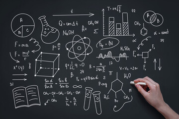 Poster - Blackboard with hand written scientific formulas and math calculations. Science and education concept