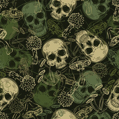 Sticker - Green khaki grunge camouflage pattern with human skulls, mushrooms. Grunge style of outline of mushrooms. Dark textured background behind. Good for apparel, clothing, fabric, textile, sport goods.