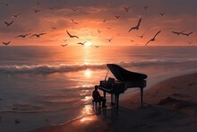 Digital Art Of A Man Playing Beautiful Piano Melodies For A Crown Of Seagulls At Sunset On A Beach, Fantasy, Anime - Generative