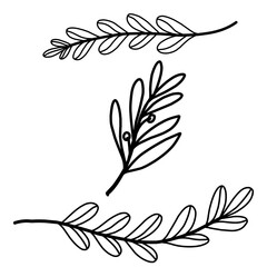  Doodle set, minimalistic graceful twigs with leaves, hand drawing, outline