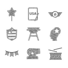 Sticker - Set Barbecue grill, Cannon, Drum and drum sticks, USA Head, Carnival garland with flags, Shield stars, Star American military and Balloon icon. Vector