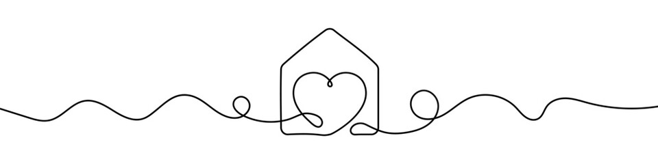 Wall Mural - house sign in continuous line drawing style. line art of house icon and heart shape. vector illustra