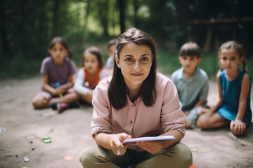 a preschool teacher with young young children outdoors in nature, leisure activities or school class. Generative AI