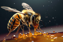 Closeup Macro Shot Of A Bee  In Honey