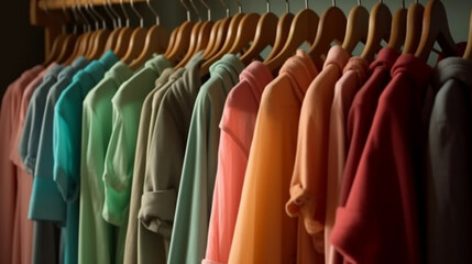 Colorful clothes on hangers in a fashion store. Blurred background Generative AI