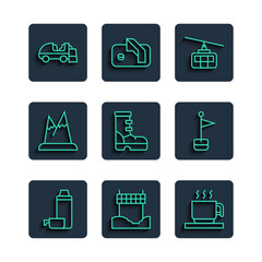 Sticker - Set line Thermos container, Ribbon finishing line, Hot chocolate cup, Cable car, Waterproof rubber boot, Mountains, Ice resurfacer and Location marker icon. Vector