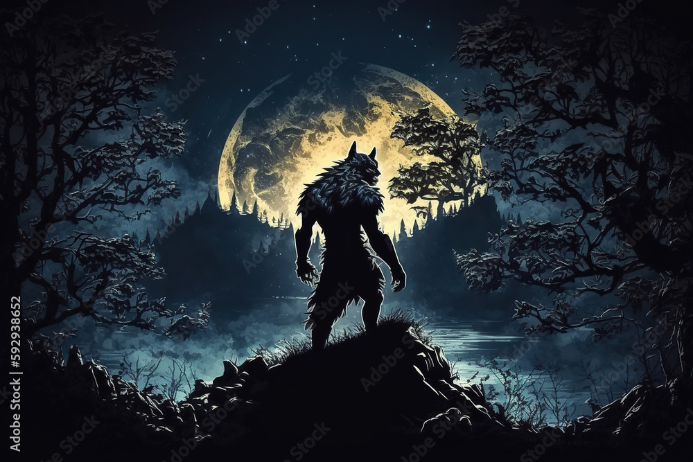 monster werewolf on top of a cliff on background of moon at night ...
