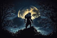 Monster Werewolf On Top Of A Cliff On Background Of Moon At Night. Generative AI Illustration