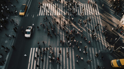 aerial view of a crowd of people crossing a busy crosswalk generative ai