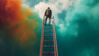 Businessman standing on a ladder and looking at the sky with clouds