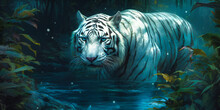 White Tiger Standing Near Water With Blue Eyes,