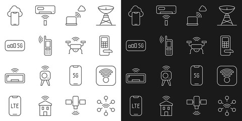 Sticker - Set line Network, Wi-Fi wireless internet, Digital door lock, cloud connection, Mobile with wi-fi, 5G, Cloud technology data and Smart drone system icon. Vector