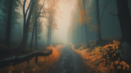 Canvas Print - Dark autumn forest with rural road in fog at dusk. Fall trees with orange foliage. Magical forest