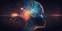 Human Head With Glowing Neurons In Brain. Esoteric And Meditation Concept. Connection With Other Worlds, Generative AI