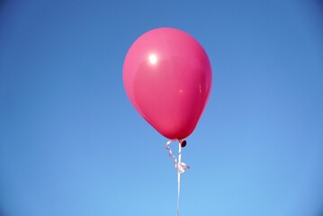 Poster - Single pink balloon against the blue sky in closeup