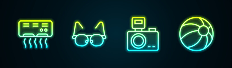 Set line Air conditioner, Glasses, Photo camera with flash and Beach ball. Glowing neon icon. Vector