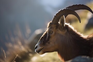 Wall Mural - close-up of a majestic ibex with its horns shining in the sunlight, created with generative ai