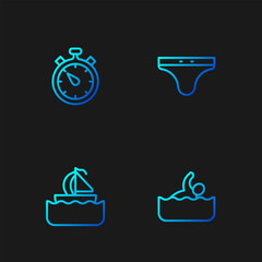 Sticker - Set line Swimmer, Yacht sailboat, Stopwatch and Swimming trunks. Gradient color icons. Vector