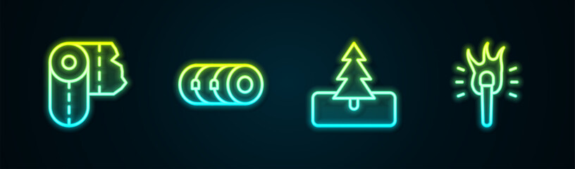 Wall Mural - Set line Paper towel roll, Blanket, Tree and Torch flame. Glowing neon icon. Vector