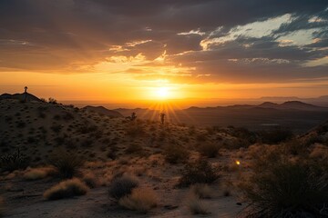 Wall Mural - desert sunset, with clouds and sun setting behind the horizon, created with generative ai