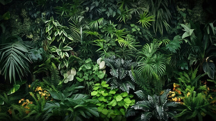 Wall Mural - Vertical garden with tropical green leaf, contrast ai generated