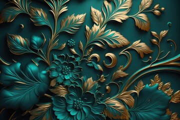 Abstract floral background with golden elements and leaves in vintage style