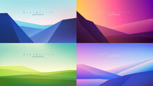 Vector Illustration. Abstract Background. Minimalist Style. Flat Concept. 4 Landscapes Collection. Website Template. UI Design. Meadow, Hills, Evening Scene. Vacation Travel Concept. Website Template
