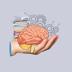 Sticker - Education concept, hand hold a brain