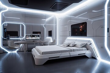 Wall Mural - futuristic bedroom with floating lights and futuristic furniture, perfect for out-of-this-world dream, created with generative ai