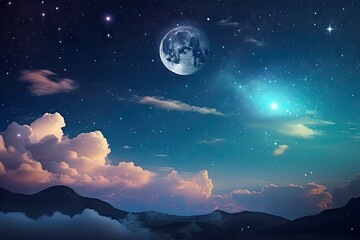 Wall Mural - dreamlike scene with a view of the night sky, stars and moon shining above, created with generative 