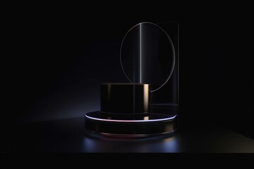 3D display podium black background. Luxury flying glowing cloth in motion. Dark beauty pedestal , cosmetic product presentation mockup. Neon light, empty template, studio 3d render. Generative AI