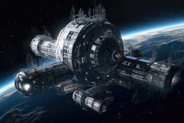 Wall Mural - a futuristic space station, floating among the stars, with a view of distant galaxies, created with generative ai