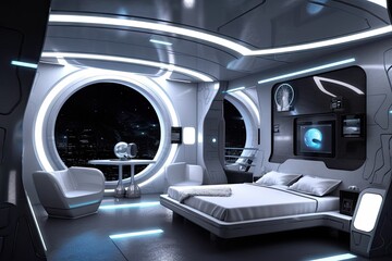Wall Mural - futuristic bedroom, with view of the stars and planets through the window, created with generative ai