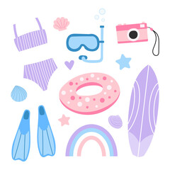 Wall Mural - Summer beach set: swimsuit, camera, swimming circle, surfboard, fins and mask, rainbow, starfish, seashell. Cartoon vector illustration.