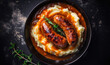 tasty and spicy bangers and mash in a black pan, top view, created with generative ai