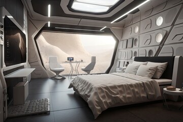 Wall Mural - bedroom with view of the stars and distant planets, with futuristic spacesuit hanging on the wall, created with generative ai