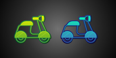 Canvas Print - Green and blue Scooter icon isolated on black background. Vector