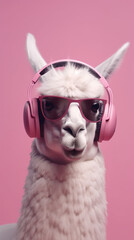 Fun Llama in a pink glasses, with a rainbow unicorn horn and in a headphones. Follow your dreams