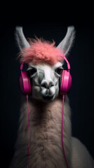 Funny poster. Portrait of Llama with a headphones. No drama lettering quote