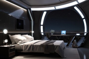 Wall Mural - futuristic bedroom with view of outer space, stars shining through the window, created with generative ai