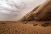Sandstorm Rolls Across Desert Landscape, Engulfing Everything In Its Path, Created With Generative Ai