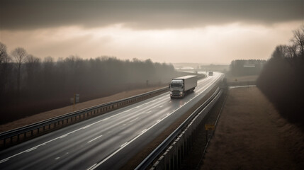 Wall Mural - Truck on road in sunlight, arial picture, generative AI