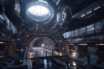 Wall Mural - a futuristic space station with open and airy interiors, surrounded by the expanse of the universe, created with generative ai