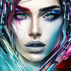 Poster - Portrait of a woman, cyberpunk illustration. Generative AI