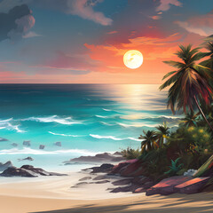 Wall Mural - Sunset on a paradise beach, colorful illustration. Generative AI